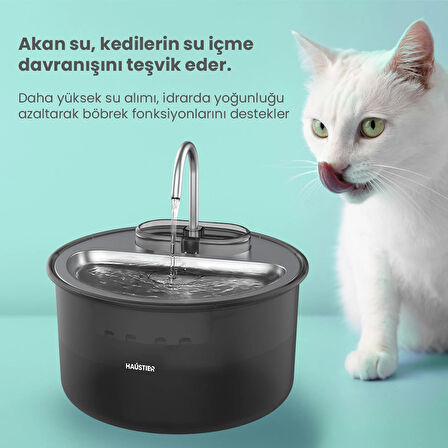 Haustier WF009LS Otomatik Kedi Su Sebili,Kedi Su Çeşmesi, Su Pınarı 3.5Lt Geniş Hazne, Çelik Tabla, Ultra Sessiz, BPA İçermez (Siyah, 3.5 lt)