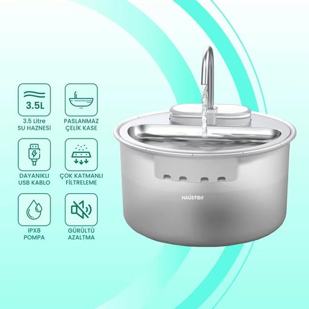 Haustier WF009LS Otomatik Kedi Su Sebili,Kedi Su Çeşmesi, Su Pınarı 3.5Lt Geniş Hazne, Çelik Tabla, Ultra Sessiz, BPA İçermez (Beyaz, 3.5 lt)