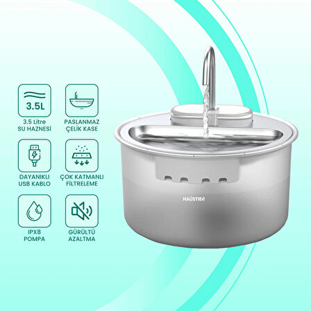 Haustier WF009LS Otomatik Kedi Su Sebili,Kedi Su Çeşmesi, Su Pınarı 3.5Lt Geniş Hazne, Çelik Tabla, Ultra Sessiz, BPA İçermez (Beyaz, 3.5 lt)