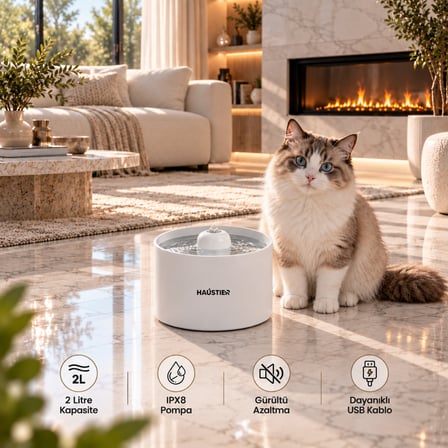 Haustier WF013 Seramik Otomatik Kedi Su Sebili,Su Pınarı, 2Lt Hazne,Çok Katmanlı Filtre,Ultra Sessiz