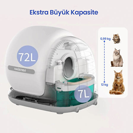 Haustier CB002 Kameralı Akıllı Otomatik Kedi Tuvaleti, APP ile Uzaktan Kontrol, 72lt Hazne, 7lt Çöp haznesi Gri