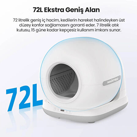 Haustier CB002 Kameralı Akıllı Otomatik Kedi Tuvaleti, APP ile Uzaktan Kontrol, 72lt Hazne, 7lt Çöp haznesi Gri