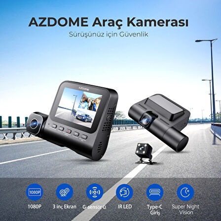 Azdome V600 1080p Araç Kamerası – Üç Kameralı, G Sensör, Gece Görüş, Geri Görüş Kameralı, Su Geçirmez, Yol Kayıt (Xiaomi Ecosystem Company)