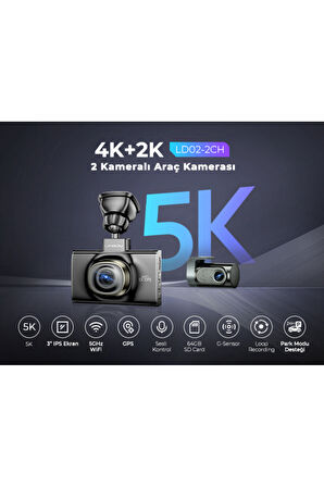 Lingdu LD02 5K 3 inç Ekran 150° 2 Kameralı 64GB Araç İçi Kamera (Türkiye'de ilk 5K Kamera)
