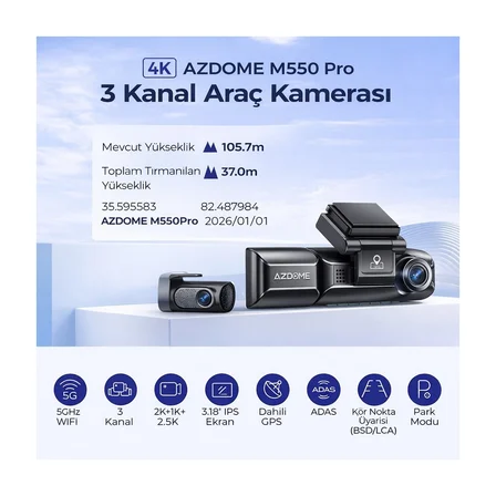 M550 Pro 3 Kameralı 150 ° Görüş Açışı 4K Ultra Hd Gece Görüşlü Wifi Araç Içi Kamera