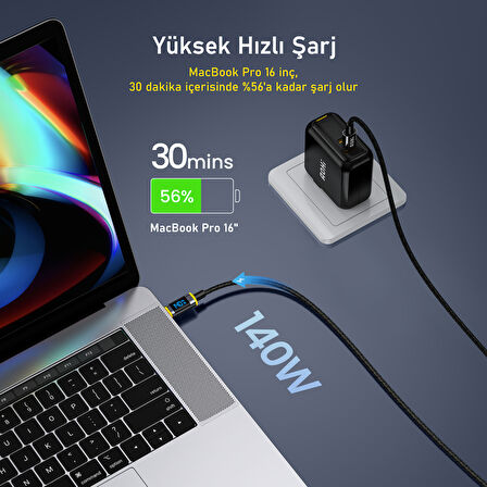 Aohi Magline USB-C to USB-C 1.2m PD 3.1 480Mbps 140W LED Ekranlı Naylon Örgülü Süper Hızlı Şarj/Data Kablosu