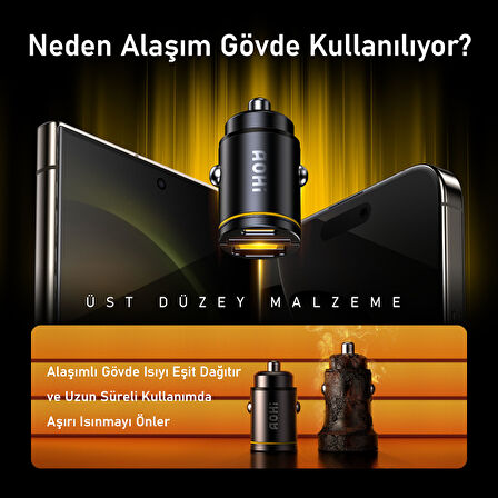 Aohi Superauto Araç İçi Şarjı, 2 Portlu PD 45W Type-C to Type-C, USB 30W Hızlı Şarj Çakmaklık Adaptörü, Siyah