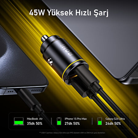 Aohi Superauto Araç İçi Şarjı, 2 Portlu PD 45W Type-C to Type-C, USB 30W Hızlı Şarj Çakmaklık Adaptörü, Siyah