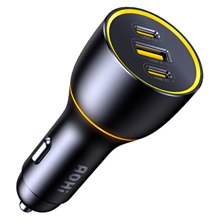 Aohi Superauto Araç İçi Şarjı, 3 Portlu PD 170W Type-C to Type-C, USB, Hızlı Şarj Çakmaklık Adaptörü, Siyah