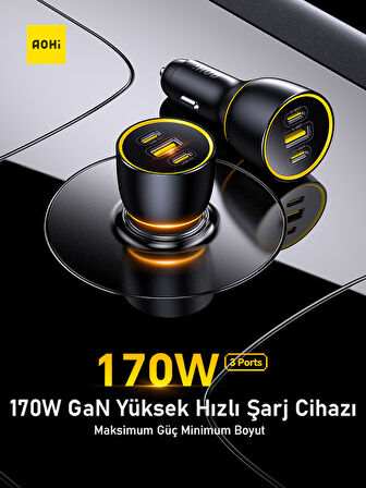 Aohi Superauto Araç İçi Şarjı, 3 Portlu PD 170W Type-C to Type-C, USB, Hızlı Şarj Çakmaklık Adaptörü, Siyah