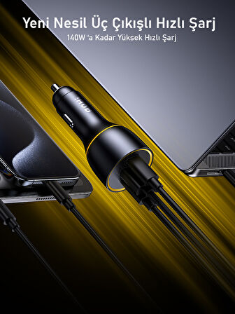 Aohi Superauto Araç İçi Şarjı, 3 Portlu PD 170W Type-C to Type-C, USB, Hızlı Şarj Çakmaklık Adaptörü, Siyah