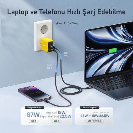 Aohi Magcube 2 Portlu Şarj Adaptörü, GaN+ 67W Hızlı Şarj Cihazı, Sarı