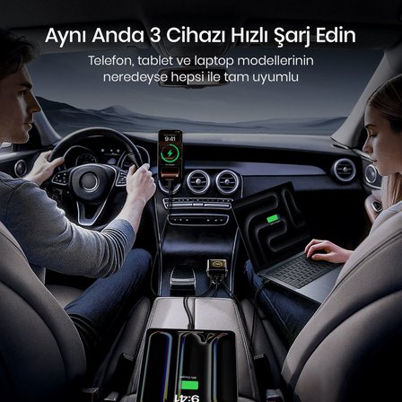 Aohi Superauto Araç İçi Şarjı, 3 Portlu Dijital Ekranlı , 170W Type-C ve USB-A Girişli, USB, Hızlı Şarj Çakmaklık Adaptörü, Siyah