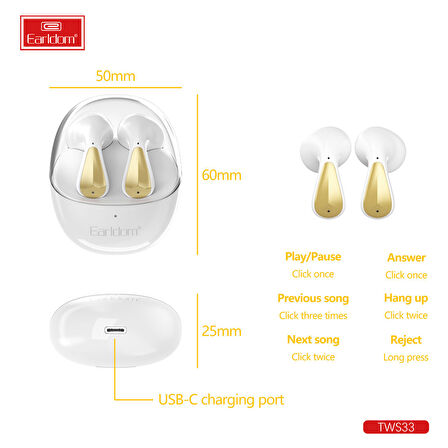 Earldom TWS33 BT 5.3 Kablosuz Airpods Kulaklık - Beyaz