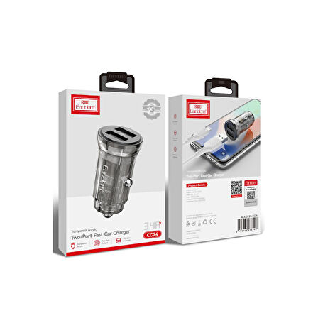 Earldom ES-CC24C USB to Type-C Kablolu PD Hızlı Araç Şarjı - Siyah