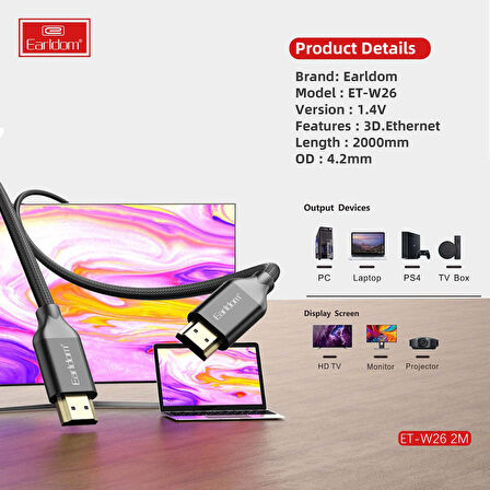 Earldom W26 4K HDMI Kablo 2M - Siyah