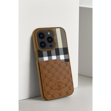 Santa Barbara Polo Racquet Club iPhone 13 Pro Kılıf Plaid Kumaş + Pu Deri Kartvizit/Cüzdanlı Kare Dizayn Kapak