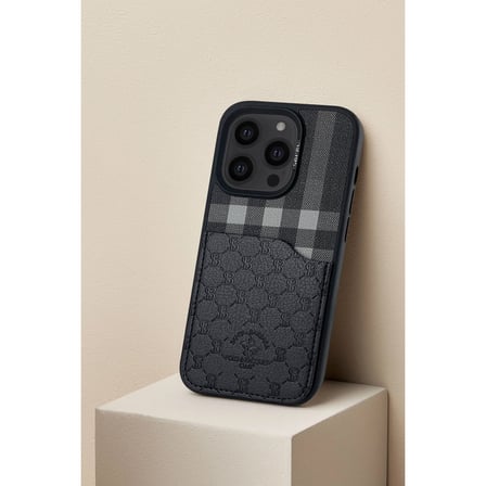 Santa Barbara Polo Racquet Club iPhone 13 Pro Kılıf Plaid Kumaş + Pu Deri Kartvizit/Cüzdanlı Kare Dizayn Kapak