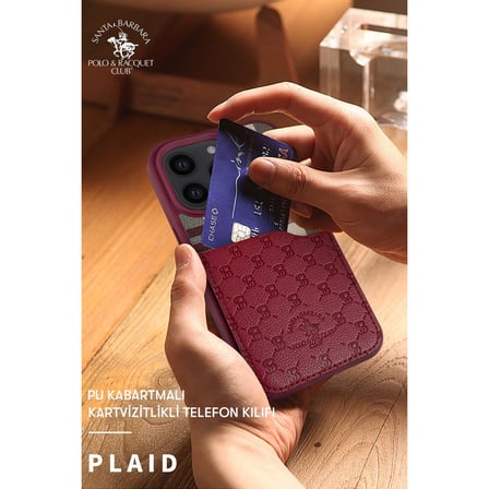 Santa Barbara Polo Racquet Club iPhone 14 Pro Kılıf Plaid Kumaş + Pu Deri Kartvizit/Cüzdanlı Kare Dizayn Kapak