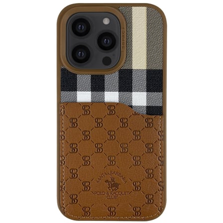 Santa Barbara Polo Racquet Club iPhone 14 Pro Kılıf Plaid Kumaş + Pu Deri Kartvizit/Cüzdanlı Kare Dizayn Kapak
