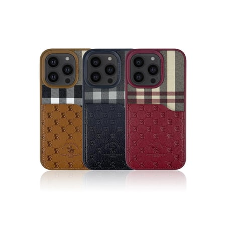 Santa Barbara Polo Racquet Club iPhone 14 Pro Kılıf Plaid Kumaş + Pu Deri Kartvizit/Cüzdanlı Kare Dizayn Kapak