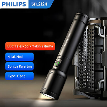 Philips SFL2124 250 Lümen 5W Led El Feneri Teleskopik Zoom Sos Modlu Metal Gövdeli Şarj Edilebilir Uzun Menzilli Flashlight