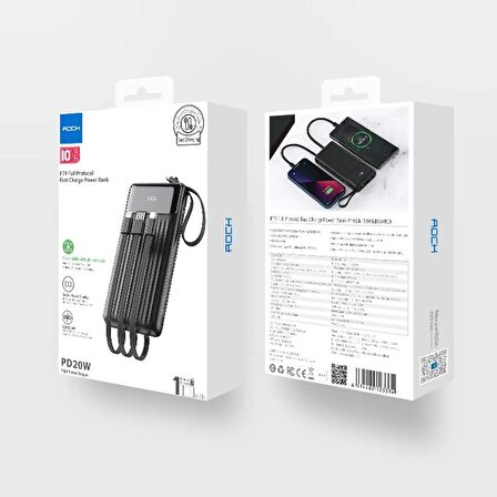 Rock P79 Pro PD 20W 10000 mAh. Dijital Ekran Göstergeli Dahili Kablolu Powerbank - Siyah