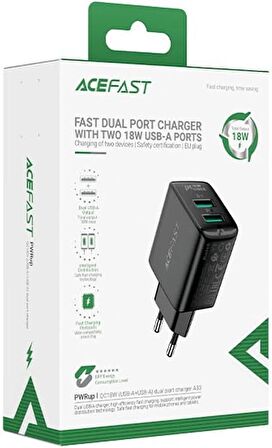 ACEFAST Duvar Telefon ve Tablet Hızlı Şarj Başlık Çift USB-A Çıkışlı 18W  Dual USB-A QC18W (2xUSB-A) EU A33 Siyah 