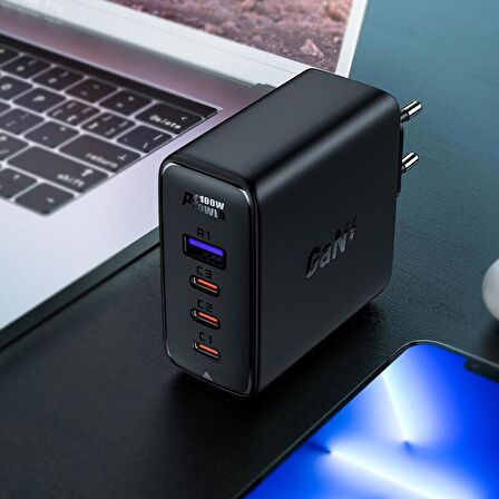 Acefast Duvar Şarj Cihazı PD100W Type-C Şarj Kablolu Hızlı Şarj GaN Cep Telefonu Tablet Şarj Kafa ve Kablo Set Siyah Renk (3xUSB-C + USB-A) EU A37