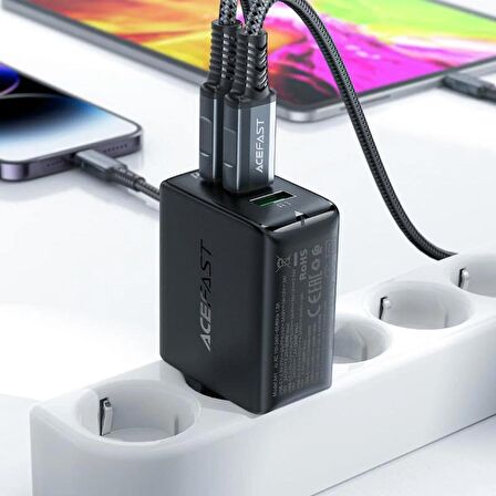 ACEFAST Duvar Hızlı Şarj Başlığı Type-C ve USB Çıkış PD65W Telefon ve Tablet GaN (2xUSB-C + USB-A) EU A41 Siyah