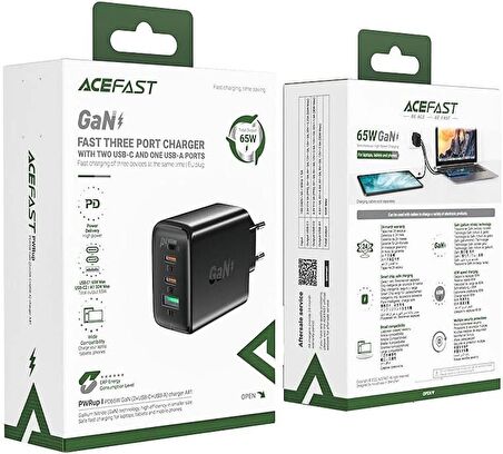 ACEFAST Duvar Hızlı Şarj Başlığı Type-C ve USB Çıkış PD65W Telefon ve Tablet GaN (2xUSB-C + USB-A) EU A41 Siyah