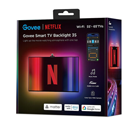 Govee 3S TV Arkası Led Şerit Ambiyans Aydınlatma Tv Renk Senkronizasyonu 55-65 inc TV'ler ile Uyumludur - Netflix Versiyon