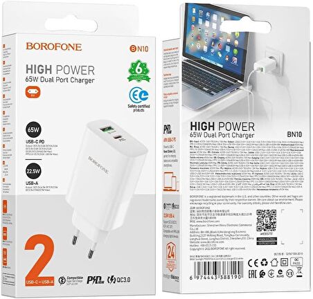 Borofone Şarj Kafa 65W USB-C PD ve 22.5W USB-A iPhone 15 Serisi Uyumlu Şarj Başlık Seyahat ve Duvar Şarj Cihazı Type-C Girişli Tüm Cihazlara Uyumludur BN10