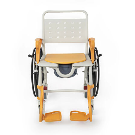 Comfort Plus Banyo ve Tuvalet Sandalyesi Turuncu | 6 Tekerlekli Çift Kullanım, Paslanmaz Plastik Gövde, Lazımlıklı DM-8088B