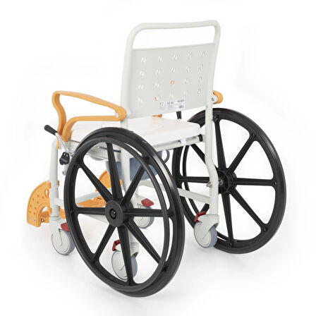 Comfort Plus Banyo ve Tuvalet Sandalyesi Turuncu | 6 Tekerlekli Soft Oturum, Bas-Çıkar Sistemli Çıkarılabilir Tekerlek, Paslanmaz Plastik Gövde DM-8088D
