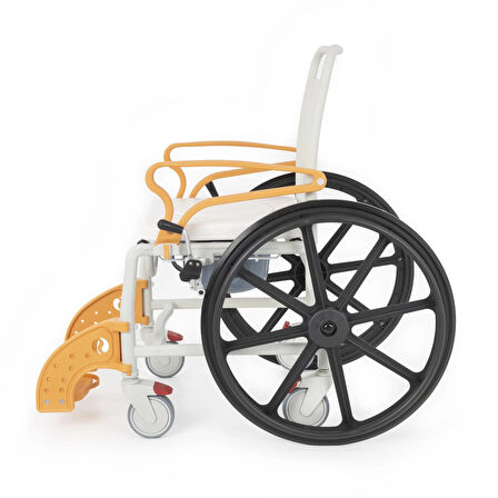 Comfort Plus Banyo ve Tuvalet Sandalyesi Turuncu | 6 Tekerlekli Soft Oturum, Bas-Çıkar Sistemli Çıkarılabilir Tekerlek, Paslanmaz Plastik Gövde DM-8088D