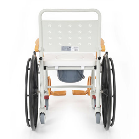 Comfort Plus Banyo ve Tuvalet Sandalyesi Turuncu | 6 Tekerlekli Soft Oturum, Bas-Çıkar Sistemli Çıkarılabilir Tekerlek, Paslanmaz Plastik Gövde DM-8088D