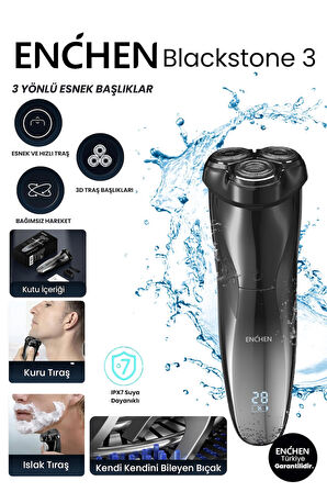 Enchen Xiaomi Blackstone 3 Siyah Çift Yönlü Kavisli Bıçaklı Dijital Ekranlı Suya Dayanıklı Şarjlı Tıraş Makinesi
