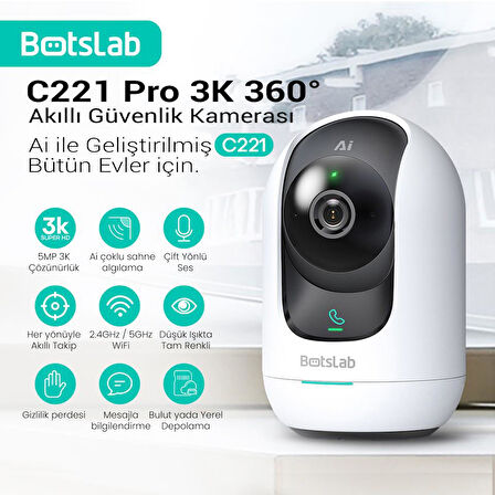 Botslab 360+ C221 Pro 3K 360° Akıllı Güvenlik Kamerası Bebek Monitörü Evcil Hayvan Kamerası İç Mekan Kamerası IP Kamera Yeni Versiyon (Distribütör Garantili)