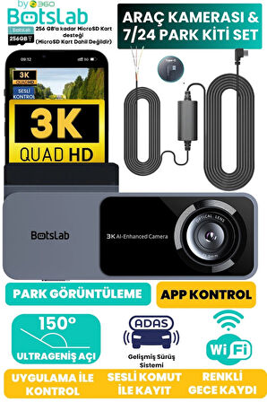 +360 Botslab Hk50 Set / 3k Qhd Wifi 150° Ultra Geniş Açı Gece Görüşlü Akıllı Araç Kamera + Park Kiti