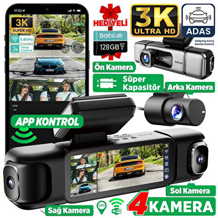 360+ Botslab G980H Pro 3K 4 Kameralı Wifi+GPS Akıllı Araç İçi Kamera +150° Geniş Açı+Yaya Algılama+Gece Görüşlü (128GB HAFIZA KARTI HEDİYELİ)