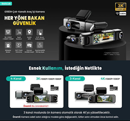 360+ Botslab G980H Pro 3K 4 Kameralı Wifi+GPS Akıllı Araç İçi Kamera +150° Geniş Açı+Yaya Algılama+Gece Görüşlü (128GB HAFIZA KARTI HEDİYELİ)