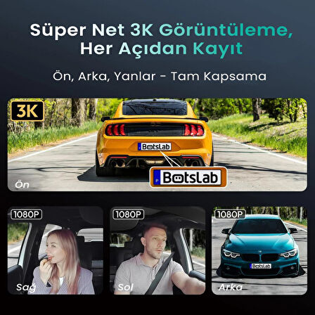 360+ Botslab G980H Pro 3K 4 Kameralı Wifi+GPS Akıllı Araç İçi Kamera +150° Geniş Açı+Yaya Algılama+Gece Görüşlü (128GB HAFIZA KARTI HEDİYELİ)