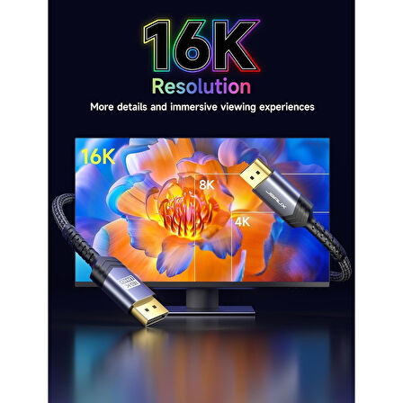 Jsaux Displayport UHD Kablosu Dp 2.1 Kablosu 16K @60Hz 8K@120Hz 4K@240Hz 80 Gbps Dp1.4/dp1.2 ile Geriye Dönük Uyumlu Displayport 2.1 Kablosu Monitör Dizüstü Bilgisayar Grafiklerle Uyumlu CV0068