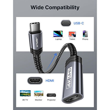 Jsaux CV0049 USB C To HDMI Adaptörü, 4K USB Type-C - HDMI Adaptörü [thunderbolt 3 Uyumlu] iPhone 16 ve 15 Serisi Uyumlu MacBook Pro/air , Samsung Galaxy S21 S20 Ultra S10 S9 S8, Dell Xps 15 Uyumlu