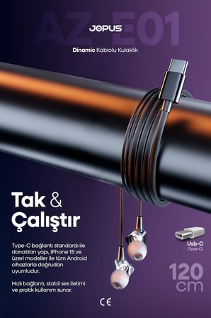 İphone 15-16-17 Serileri ve Android Uyumlu - 4 Hoparlörlü Type-C Kablolu Dinamik Kulaklık - AZ-E01