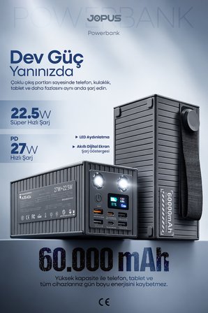 60.000 mAh 27W Süper Hızlı Outdoor Kamp Powerbank Dijital Göstergeli Fenerli Taşınabilir Şarj Cihazı