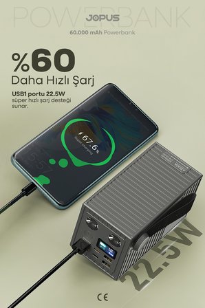 60.000 mAh 27W Süper Hızlı Outdoor Kamp Powerbank Dijital Göstergeli Fenerli Taşınabilir Şarj Cihazı