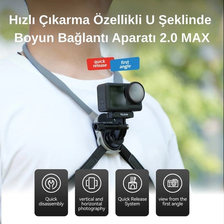 Telesın U Shape Neck Holder 2.0 (Max Versiyon) , Aksiyon Kameralar Için Boyun Askısı, Gopro, Djı Osmo Action, INSTA360 Ace Pro Kameralar ile Uyumlu