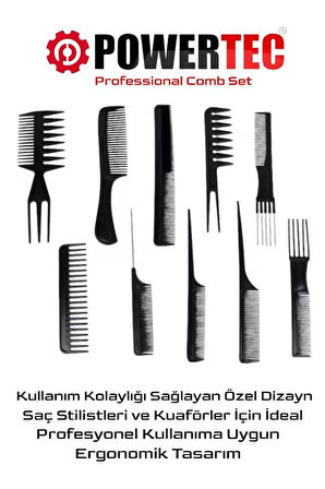 Powertec TR-C10 Profesyonel Saç Tarak Seti 10'lu Tam Set
